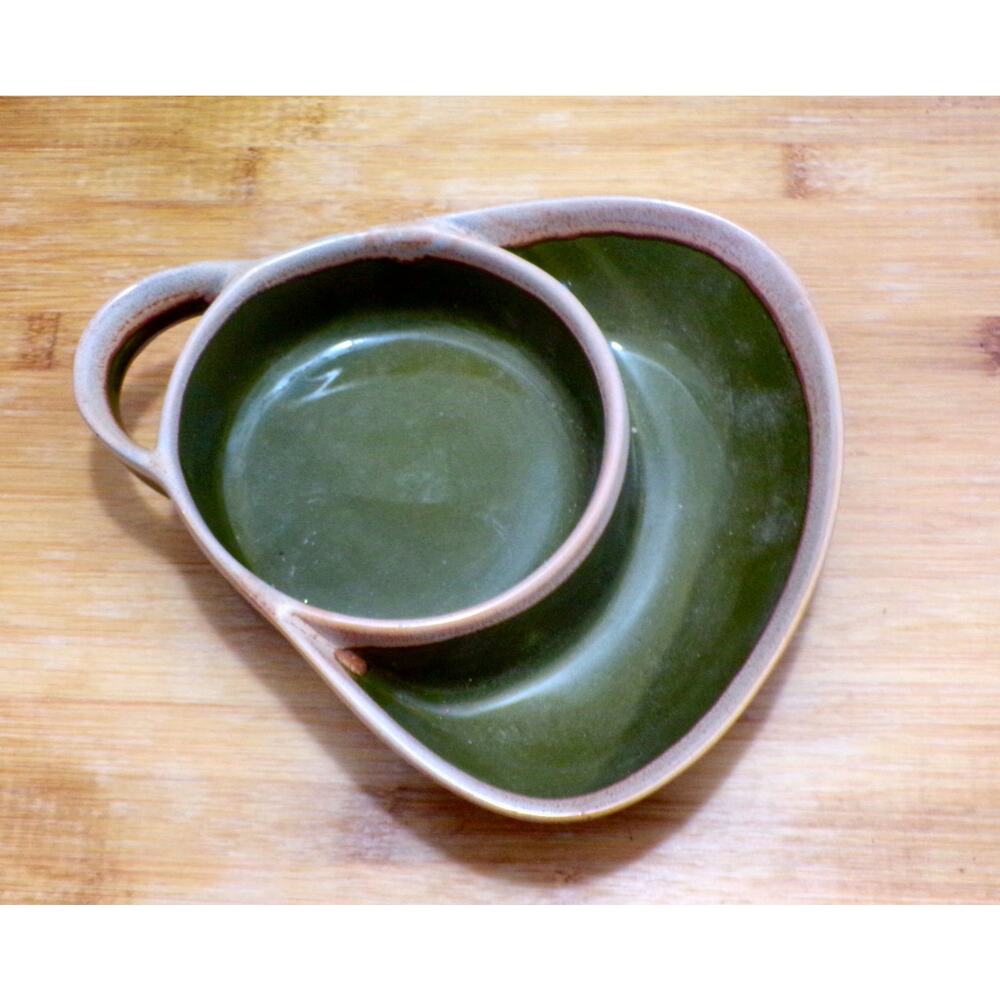 Avocado Green Tan Divided Stoneware Dish with Handle Chips Dip Snack
